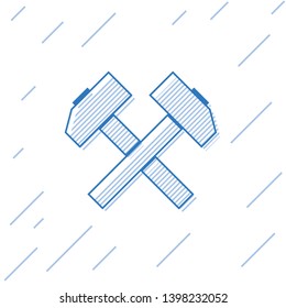 Blue Two crossed hammers line icon isolated on white background. Tool for repair. Vector Illustration
