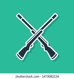 Blue Two crossed shotguns icon isolated on green background. Hunting gun.  Vector Illustration