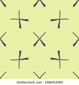 Blue Two crossed shotguns icon isolated seamless pattern on yellow background. Hunting gun.  Vector Illustration