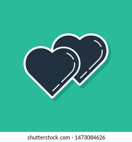 Blue Two Linked Hearts icon isolated on green background. Romantic symbol linked, join, passion and wedding. Valentine day symbol.  Vector Illustration