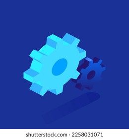 Blue two settings gear icon in isometric view. Cogwheels for repair mechanic work. Teamwork on projects, communication, business cooperation concept. Vector illustration isolated on white background