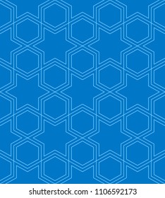 Blue two tone geometric line pattern seamless Islamic style hexagon abstract vector design.
