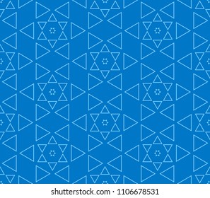 Blue two tone geometric line pattern seamless Islamic style triangle abstract vector design.