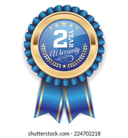 Blue two year warranty badge with gold border on white background