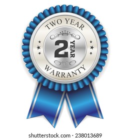 Blue two year warranty badge with silver border and ribbon