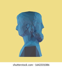 Blue Two-faced Janus, Greek God of Time on Yellow Background. Low Poly Vector 3D Rendering