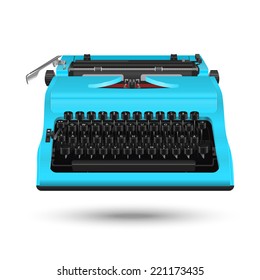 Blue typewriter isolated on white background. Realistic vector illustration