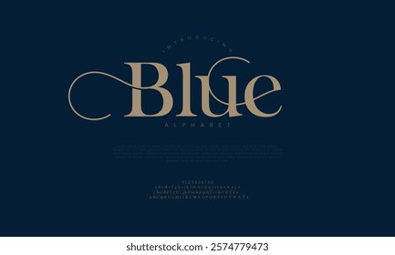 Blue typography beauty fashion elegant minimalist serif italic fonts decorative wedding vintage retro logos. Minimal luxury font alphabet logo. Vector illustration