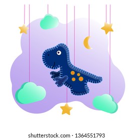 Blue tyrannosaurus in the style of a felt toy with a stitch thread. Among the clouds and stars. Decoration for the children's room, a poster, printing on kids clothes. Cute dino vector illustration