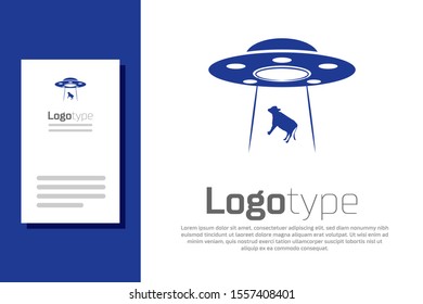 Blue UFO abducts cow icon isolated on white background. Flying saucer. Alien space ship. Futuristic unknown flying object. Logo design template element. Vector Illustration