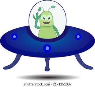 Blue Ufo and alien character waving hand