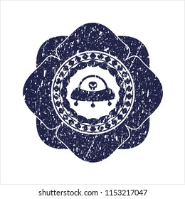 Blue ufo with aline inside icon inside distressed with rubber seal texture