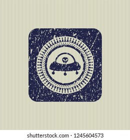 Blue ufo with aline inside icon inside distressed grunge stamp