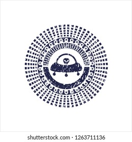 Blue ufo with aline inside icon with rubber seal texture