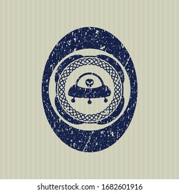 Blue ufo with aline inside icon inside distress grunge seal