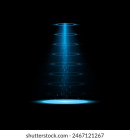 Blue UFO beam with glowing rings and particles. Vector illustration of an alien spaceship light in dark space, creating a futuristic and mysterious effect.