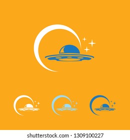 Blue Ufo flying saucer vector icon isolated on orange background. Ufo logo design template 