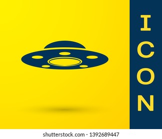 Blue UFO flying spaceship icon isolated on yellow background. Flying saucer. Alien space ship. Futuristic unknown flying object. Vector Illustration