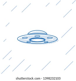 Blue UFO flying spaceship line icon isolated on white background. Flying saucer. Alien space ship. Futuristic unknown flying object. Vector Illustration