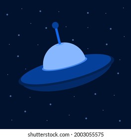 Blue UFO in space. Vector isolated illustration in cartoon style.