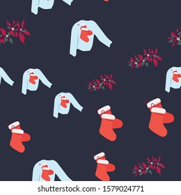 Blue ugly sweater with red stockings and poinsettia seamless pattern. Festive knitted jumper endless design. Holiday decor knitted woolen clothes. Colorful vector illustration in flat cartoon style.