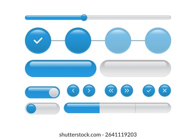 Blue UI kit: buttons, slider, tab, steps.