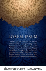 Blue ultramarine with gold, luxurious, royal background. Ethnic islamic template for greeting card with mandala for Ramadan, Christmas, New Year, beauty salon, spa, wedding, invitation, event