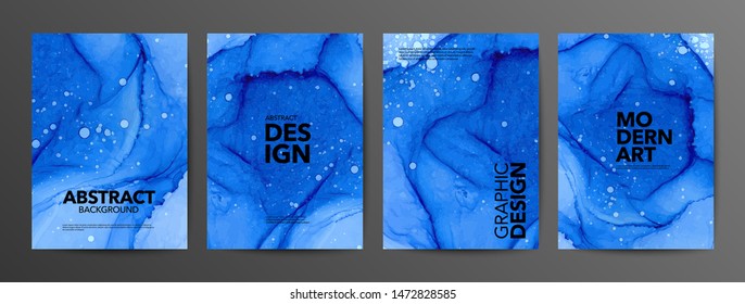 Blue ultramarine ink vector textures backgrounds set. Ink colors are bright, luminous, translucent, free-flowing. Abstract backdrop with text space. Paint mixing, fluid art. Modern art book