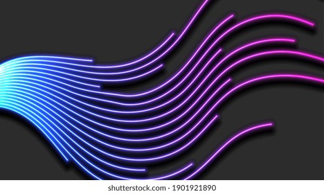 Blue and ultraviolet neon laser glowing curved wavy lines abstract background. Vector design