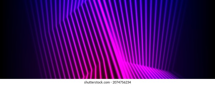 Blue and ultraviolet neon laser glowing curved 3d lines abstract tech background. Vector banner design