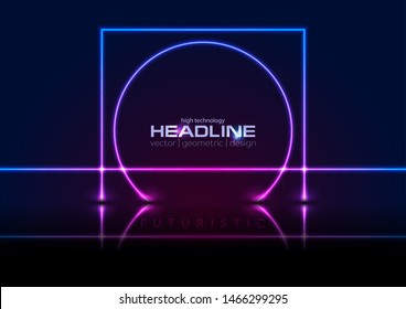 Blue ultraviolet neon laser lines concept illustration. Reflected square and circle geometric technology sci-fi background. Glowing illumination futuristic vector design