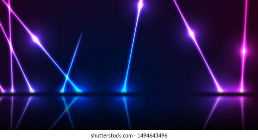 Blue and ultraviolet neon laser lines with reflection. Abstract rays technology retro background. Futuristic glowing graphic design. Modern vector illustration