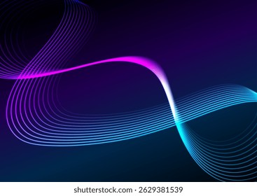 Blue and ultraviolet neon wavy lines abstract shiny retro background. Futuristic glowing vector design