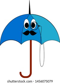 Blue Umberella With Mustache, Illustration, Vector On White Background.