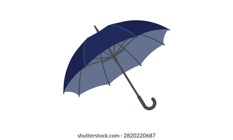 blue umbrella with curved handle and canopy in rainy weather providing protection and shelter from rain drops and stormy sky