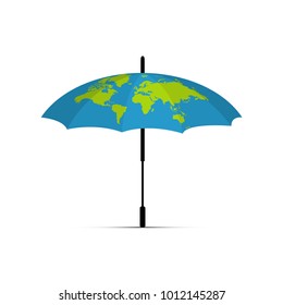 Blue umbrella icon. The Drawing of the earth on the umbrella. Vector illustration