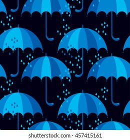 blue umbrella icon flat. cute rain drop seamless pattern on black background. simple vector illustration.