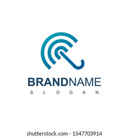 Blue Umbrella Logo Design Template With Line Symbol