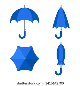 Blue umbrella, opened, closed and folded, side and top view in set. Flat vector illustration, suitable as design element or icon for app. Symbol or concept of rainy autumn weather, protection, safety.