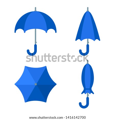 Blue umbrella, opened, closed and folded, side and top view in set. Flat vector illustration, suitable as design element or icon for app. Symbol or concept of rainy autumn weather, protection, safety.