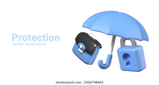 Blue umbrella, padlock, closed briefcase. Set of isolated realistic models for protection concepts