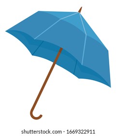 Blue umbrella or parasol isolated on white background. Folding canopy supported by metal ribs mounted on wooden pole. Equipment to protect person against rain or sunlight. Vector illustration in flat