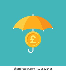 Blue umbrella with pound sterling dollar coin under it. Vector flat icon isolated on white. Money Rain. Money protection pictogram. Investments safety symbol. 