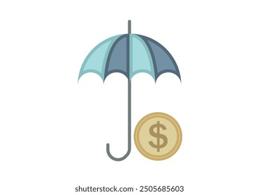 Blue umbrella protecting dollar coin