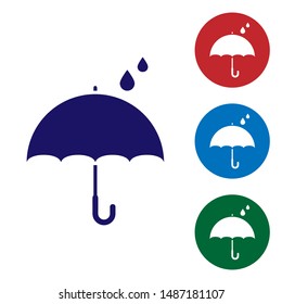 Blue Umbrella and rain drops icon isolated on white background. Waterproof icon. Protection, safety, security concept. Water resistant symbol. Set color icons in circle buttons. Vector Illustration