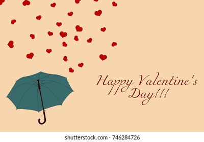 Blue umbrella and rain of red hearts on beige background. Happy Valentine's Day postcard, vintage colors, vector, eps 10