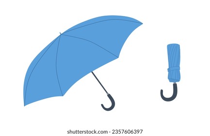 Blue umbrella in two positions. Open and closed umbrellas in flat style isolated on white background. Cyan umbrella vector illustration. Protective accessories with handles. Vector