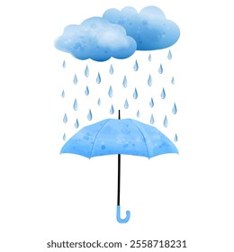 Blue umbrella under rain cloud. Cute vector illustration of rainy day in watercolor style.