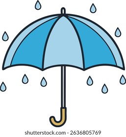 Blue umbrella vector with raindrops falling, symbolizing weather protection and rainy season. Clean, simple cartoon-style illustration. Perfect for forecasts, climate, or seasonal themes.