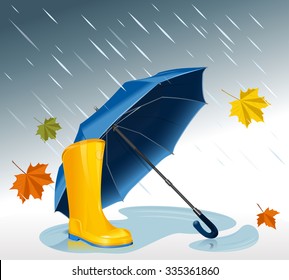 Blue Umbrella & yellow rubber boots. Rainy season. Vector autumn background.